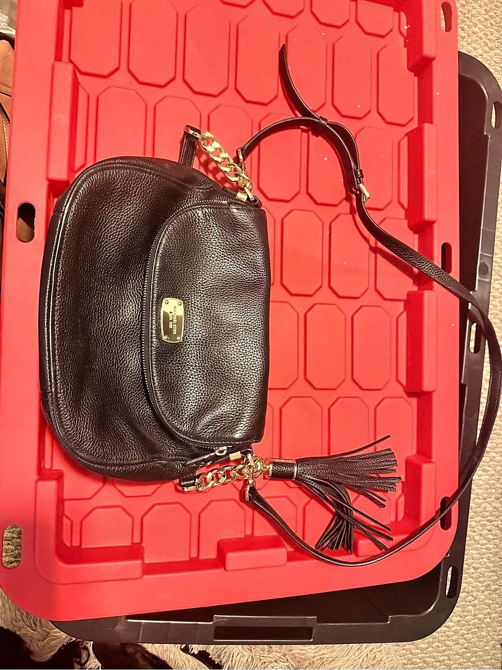 Michael Kors Black Leather-Look Tassel Crossbody Bag